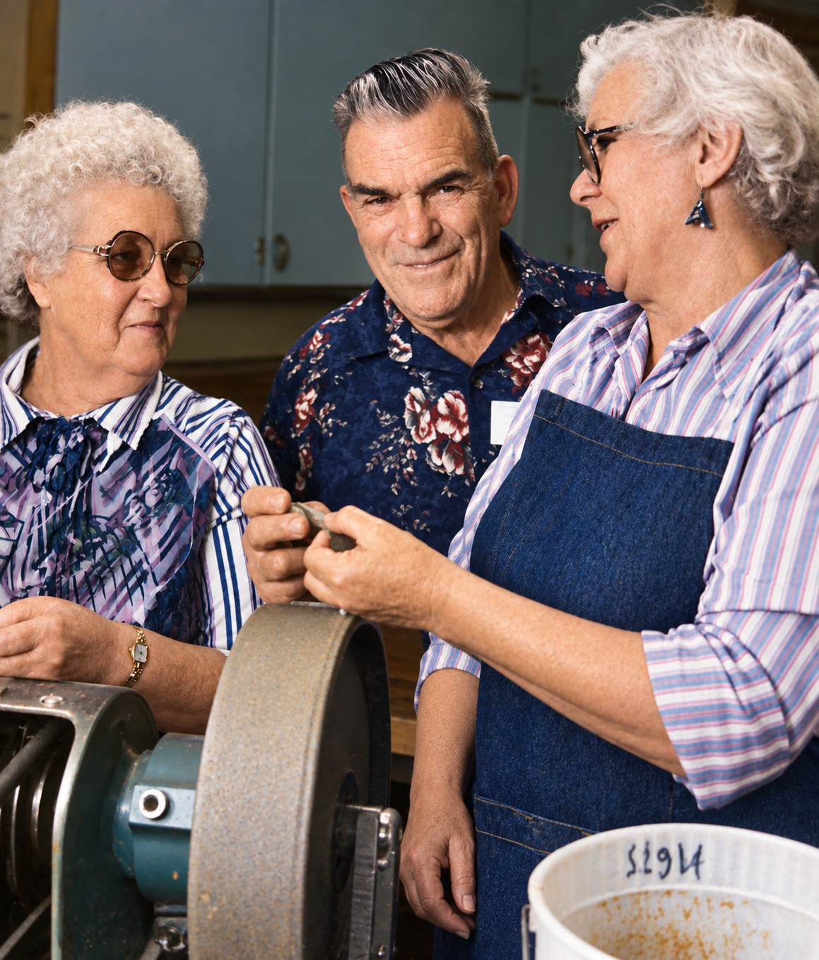 Florence Ross, Bill Meakin and Ethel Coakley pictured in a 1980 newspaper photograph about the Port Moody Rock and Gem Club's workshop at Kyle Centre.